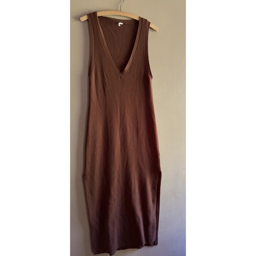 Daily Practice Anthropologie Slim Ribbed Midi V-Neck Brown Dress Size Small Boho